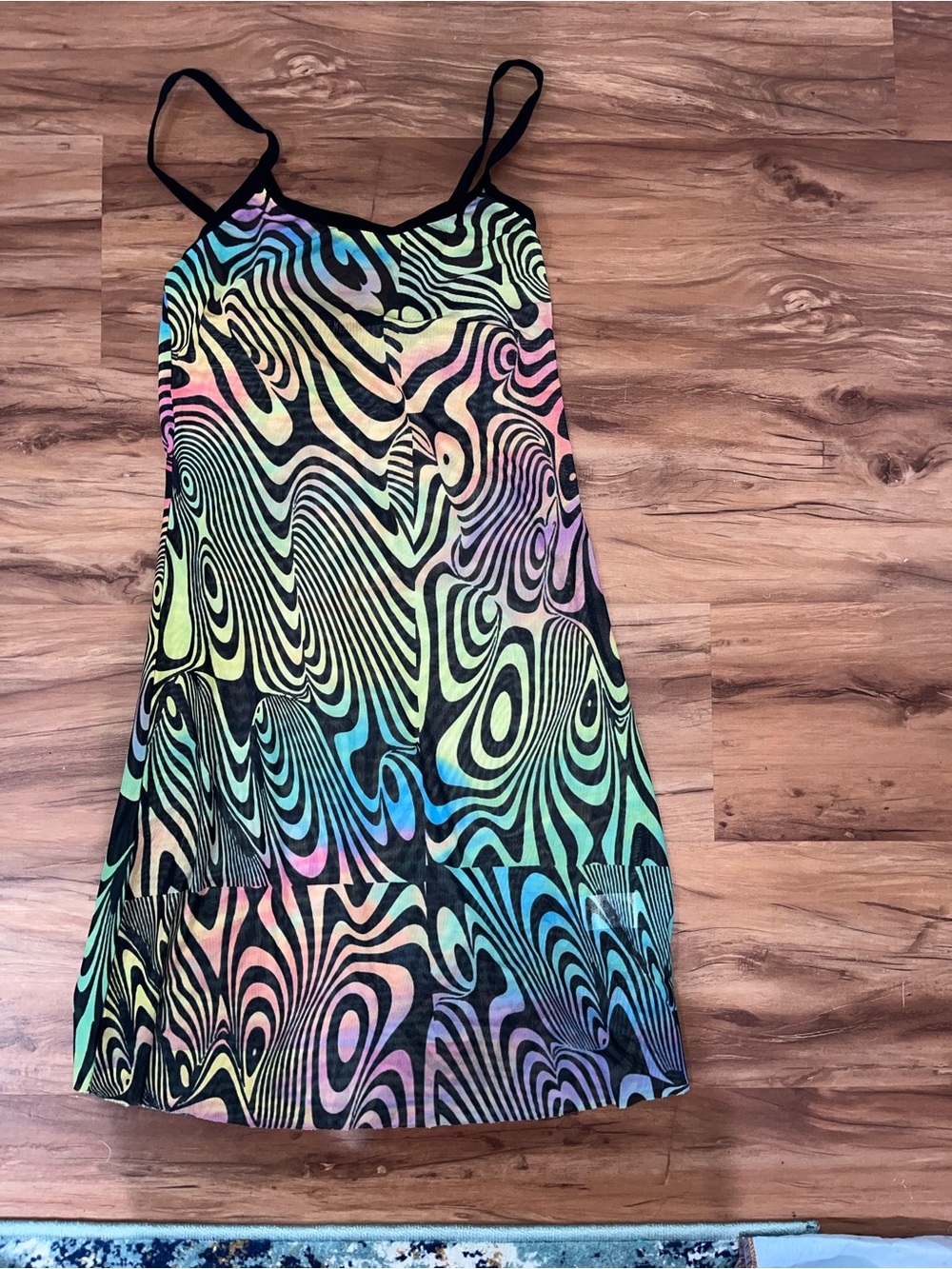 Women's Rainbow Swirl Slip Dress with Black Trim